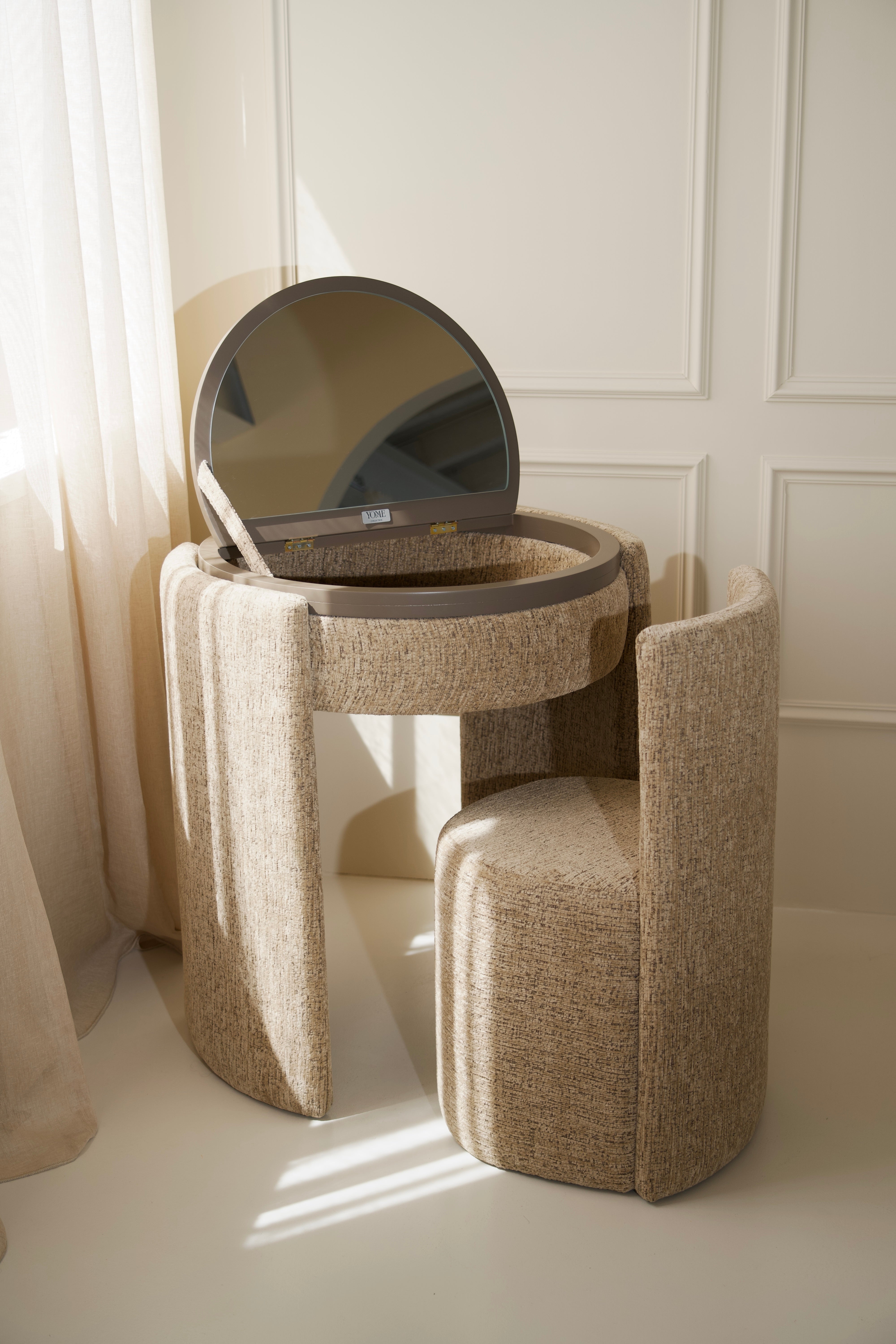 YOME Vanity Table Taupe - Luxury round makeup table